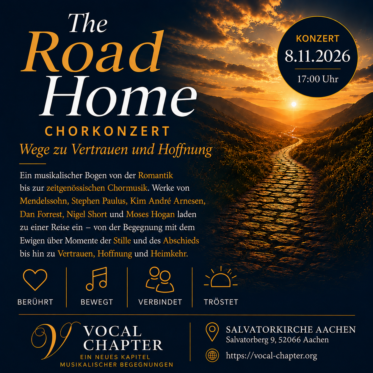 Flyer zum Chorkonzert The Road Home von Vocal Chapter am 8. November 2026 in der Salvatorkirche Aachen
